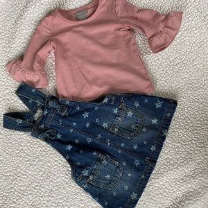 Pink top with Jean dress overall
